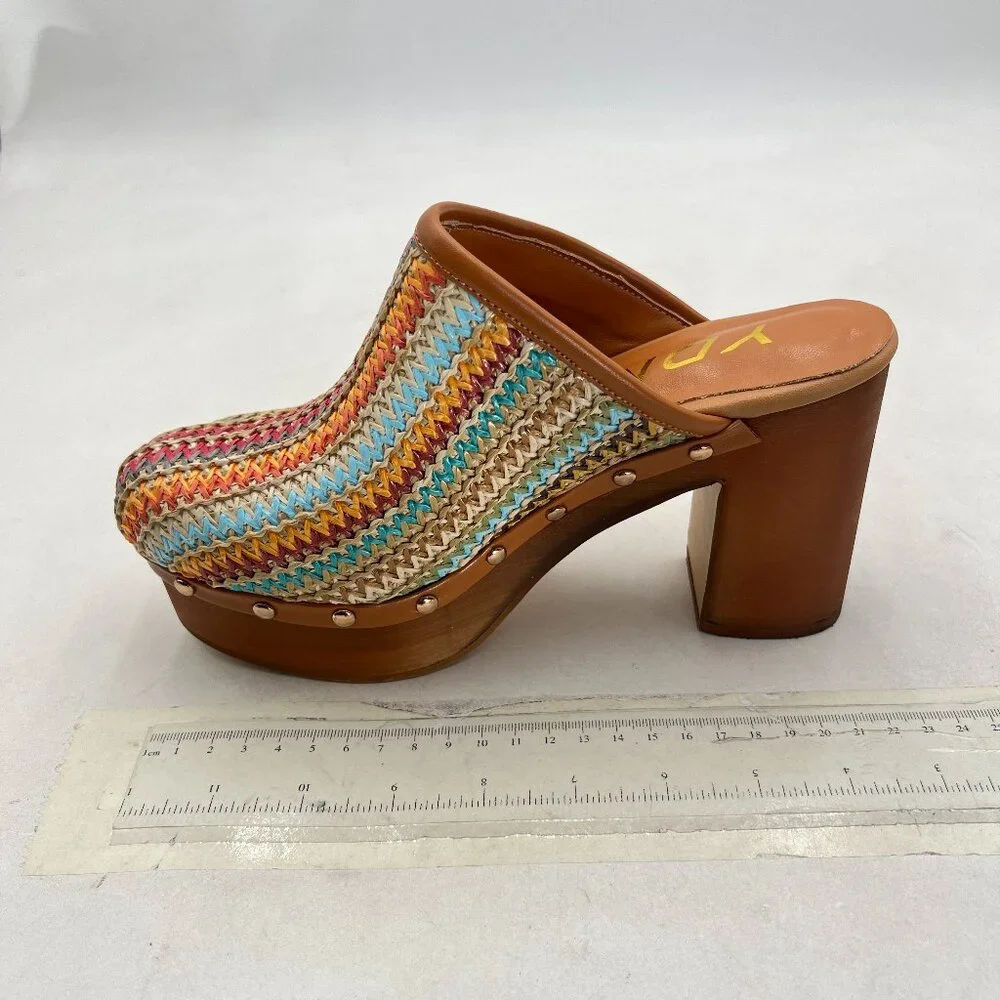 YDN Multi Platform Slip On Clogs Mules Cork High Heel Round Toe Rivet Sandals - Picture 2 of 8